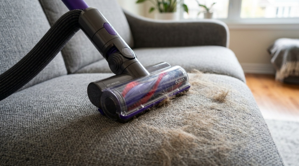 Vacuum cleaner nozzle removing pet hair from a fabric sofa.