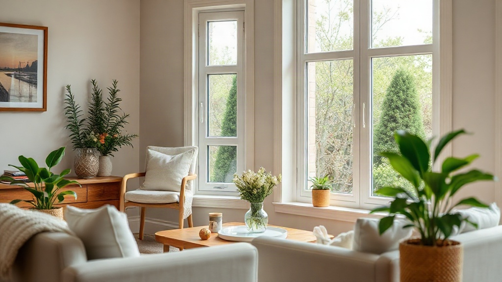 A bright living room with a tall white window, armchair, sofa and plants.